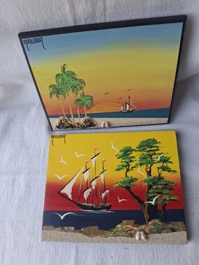 Handpainted Tropical Sunset and Sailing 2 Pc Wooden Set - Yellow & Multicolor